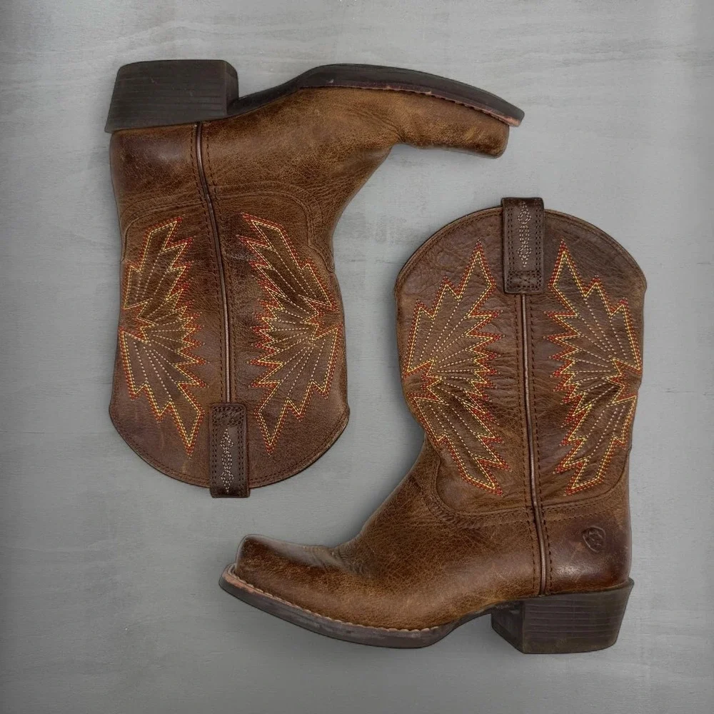 Ariat Western Boots Brown Leather Square Toe Embroidered Kids Size 1 10053623